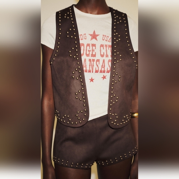 Zara Jackets & Blazers - ZARA CHOCOLATE/BROWN STUDDED FAUX SUEDE VEST ✨️✨️✨️